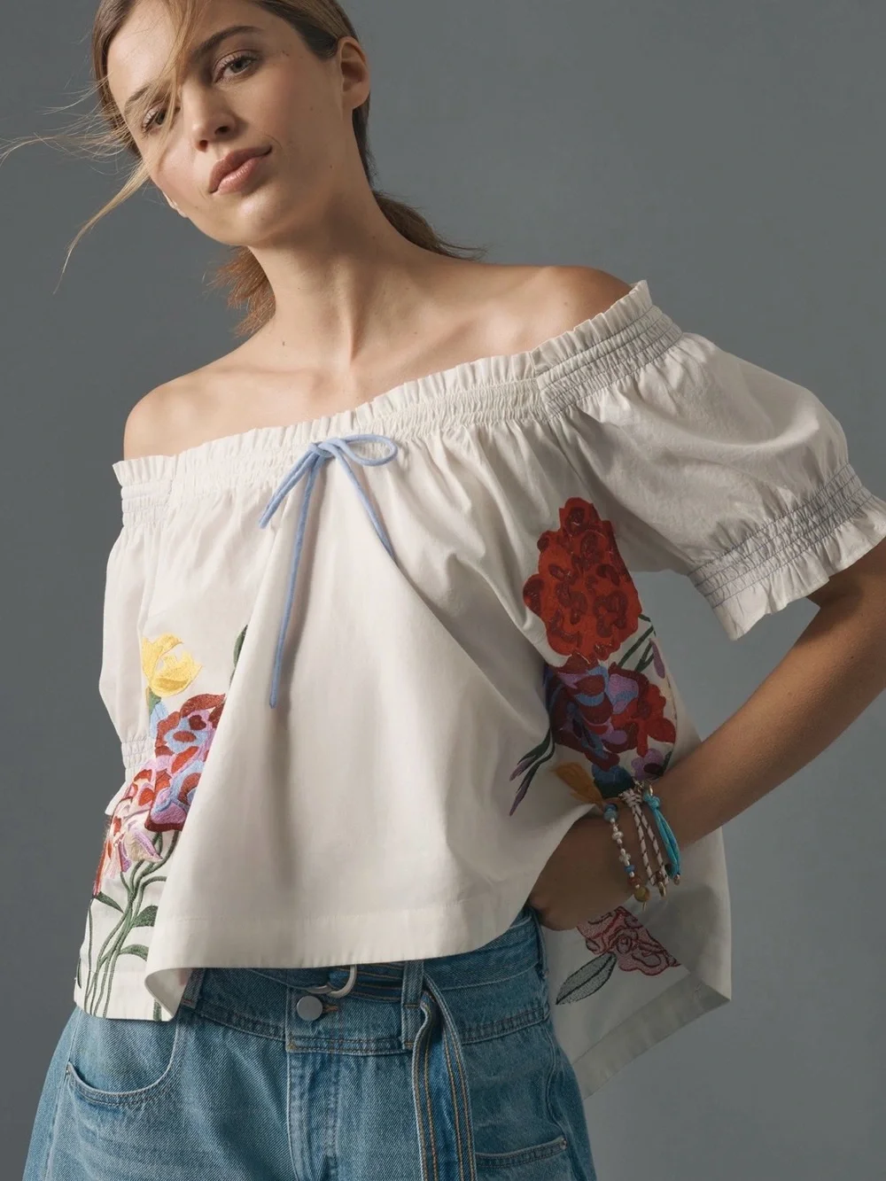Anthropologie White Peasant Blouse with Multicolor Floral Embroidery NWOT